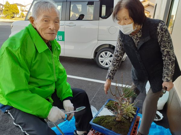奥様に手伝ってもらって、趣味の盆栽作り。ようやく梅の枝があってよかったですね♡ 奥様に手伝ってもらって、趣味の盆栽作り。ようやく梅の枝があってよかったですね♡